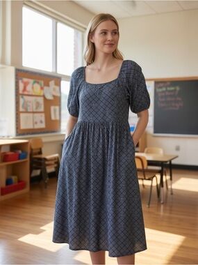 Womens A.N.A smocked Linen Babydoll Cottagecore Teacher Dress w/Pockets Medium